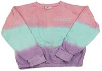 Růžovo-světletyrkysovo-fialová batikovaná crop mikina s nápisem INFINITY