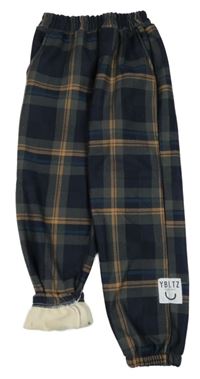 Tmavomodro-šedo-meruňkové kostkované kalhoty s nášivkou 