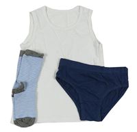 3set - Bílé tílko + modré slipy + pruhované ponožky 