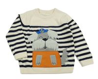 Smetanovo-tmavomodrý pruhovaný svetr s pejskem Dunnes