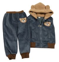 2set - Tmavošedo-béžová sametová vesta s kapucí + tepláky s medvídkem 