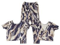 3set - 2x - Tmavomodro-béžovo-bílé batikované crop sportovní tričko + legíny Zara