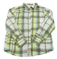 Bílo-khaki-citronovo-světlemodrá kostkovaná košile s číslem H&M