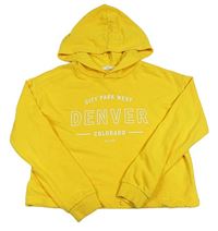 Tmavožlutá crop mikina s nápisy a kapucí H&M