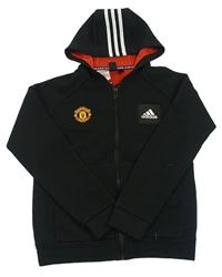 Černá žebrovaná propínací fotbalová mikina Manchester United a kapucí Adidas