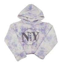 Bílo-fialovo-růžová batikovaná crop mikina s písmenky s kamínky a nápisem a kapucí zn. Matalan