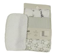 Nový - 4Set - 2x - Bílá mušelínová plena s hvězdičkami a zvířátky, 1x - světlešedá plena PRIMARK, 1x - bílá žínka Matalan
