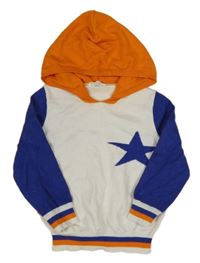 Bílo-safírovo-oranžový úpletový svetr s hvězdičkami a pruhy a kapucí