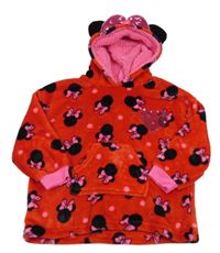 Červeno-tmavorůžová plyšová oversize dlouhá mikina s Minnie a kapsou a kapucí PRIMARK