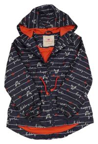 Tmavomodro-bílá pruhovaná šusťáková jarní parka s pejsky a nápisy a srdíčky a kapucí George