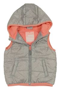 Šedo-korálová melírovaná prošívaná šusťáková zateplená vesta s kapucí Topomini