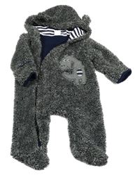 Černo-šedo-bílá huňatá podšitá kombinéza s dinosaurem a kapucí s oušky BUBBLE GUM