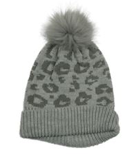 Šedo-tmavošedo-stříbrná vzorovaná melírovaná čepice s bambulí