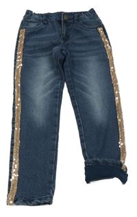 Tmavomodré skinny teplákové podšité rifle s pruhem s flitry a srdíčky Kiki&Koko