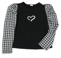 Černo-bílé triko se srdíčkem a vzorovanými balonovými rukávy