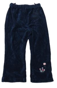 Tmavomodré žebrované sametové tepláky s kytičkami a motýlkem C&A