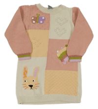 Smetanovo-světleoranžovo-starorůžové pletené šaty se zajíčkem a motýlkem a duhou Tu