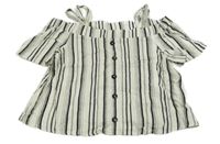 Nové - smetanovo-černá pruhovaná lněná crop halenka s knoflíky a volnými rameny PRIMARK