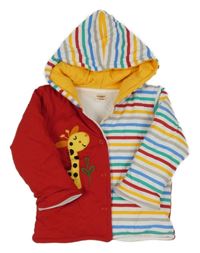 Červeno-bílo-barevný pruhovaný zateplený kabátek se žirafou a kapucí 