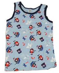 Světlemodro-tmavomodré tílko s piráty a žraloky a poklady