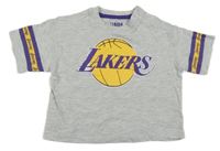 Světlešedé melírované tričko s míčem a nápisem - LAKERS a pruhy PRIMARK