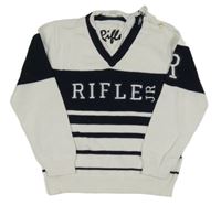 Bílo-tmavomodrý svetr s logem a pruhy Rifle