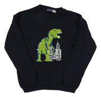 Tmavomodrý svetr s dinosaurem z flitrů lupilu