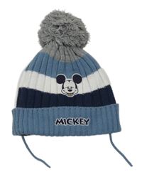Modro-tmavomodro-bílo-šedá pruhovaná žebrovaná pletená čepice s Mickey a bambulí Disney