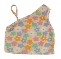 Béžový květovaný žebrovaný crop top Shein
