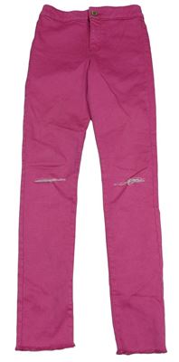 Fuchsiové plátěné skinny kalhoty s prošoupáním Zara