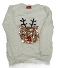 Smetanový chlupatý svetr se sobem z flitrů Yd.