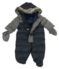 Tmavomodro-šedá melírovaná šusťáková zimní kombinéza s kapucí + rukavice Mothercare