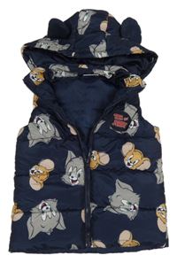 Tmavomodrá šusťáková zateplená vesta s Tomem s Jerrym a kapucí