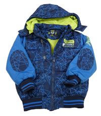 Tmavomodro-modrá šusťáková zimní bunda se vzorem a kapucí Kiki&Koko