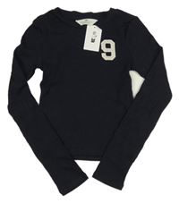 Nové - Tmavomodré žebrované crop triko s číslem H&M