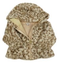 Béžová kožešinová podšitá bunda s leopardím vzorem a kapucí River Island