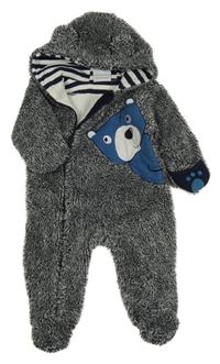 Tmavošedá melírovaná chlupatá podšitá kombinéza s medvědem a kapucí Topomini