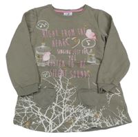 Hnědá tepláková tunika s ptáčky a nápisem Topolino