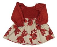 Červeno-béžové šaty s květinami