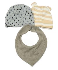 3set - Šedá melírovaná bavlněná čepice s blesky + béžovo-bílá pruhovaná s oušky + hnědý žebrovaný slinták