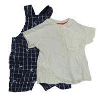 2set - Tmavomodro-bílé kostkované podšité laclové kraťasy s letadly + smetanové tričko s knoflíky a kapsou M&S