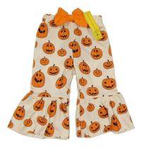 Nové - Krémové flare lehké tepláky s dýněmi a mašlí Shein