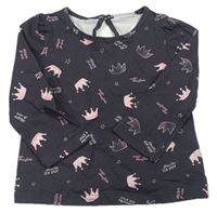 Tmavošedé triko s růžovými korunkami Pep&Co