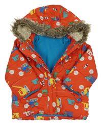 Červená šusťáková zimní bunda s auty a kapucí Mothercare