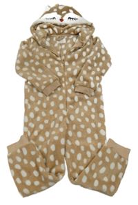 Hnědo-bílá vzorovaná plyšová kombinéza s kapucí - sob Primark