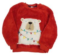 Červená chlupatá mikina s medvědem Tu