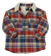 Tmavomodro-červeno-béžová kostkovaná zateplená košilová bunda Next