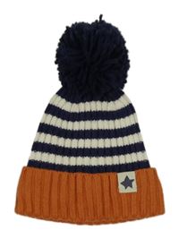 Tmavomodro-bílo-hnědá pruhovaná pletená podšitá čepice s bambulí 