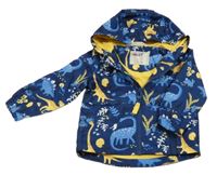 Tmavomodro-žlutá šusťáková jarní bunda s dinosaury a kapucí John Lewis