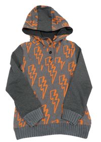 Šedá mikina s oranžovými blesky a kapucí 